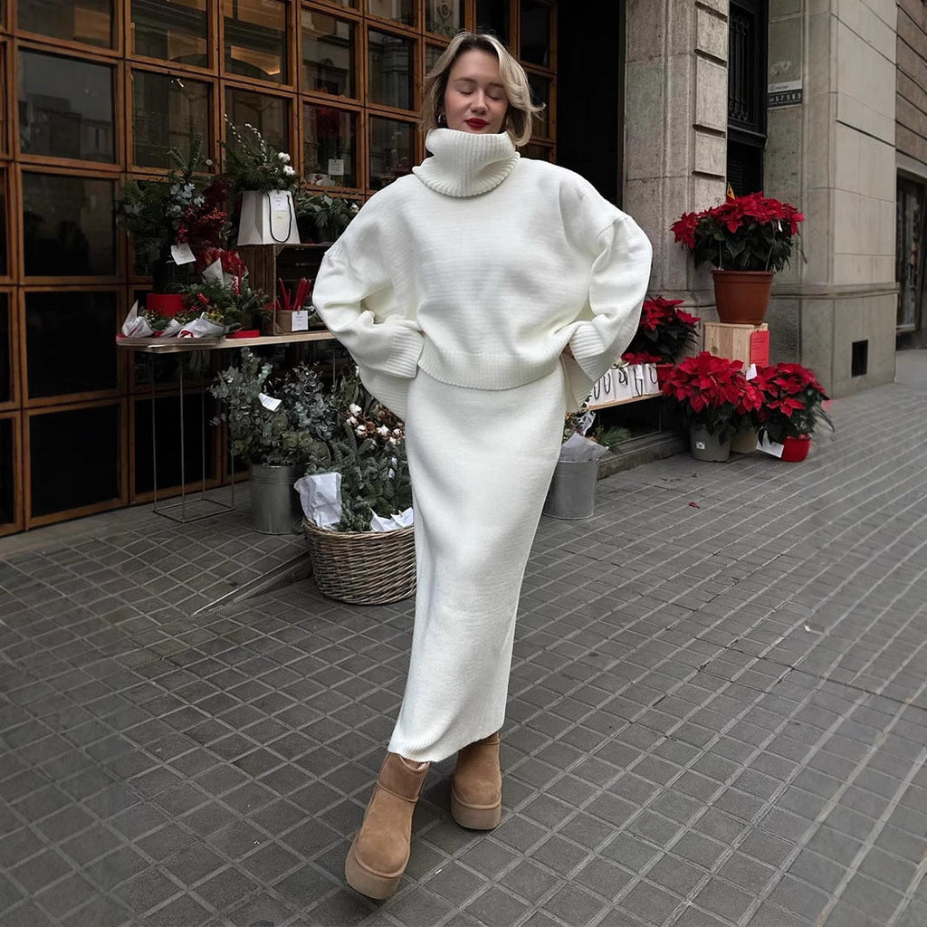 Turtleneck Loose Knit Sweater & Skirt Two-Piece Set Bella Mia