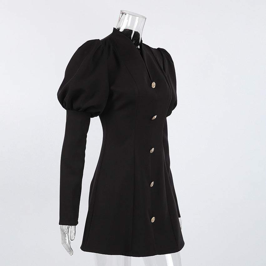 V-Neck Puff-Sleeve Mini A-Line Dress
