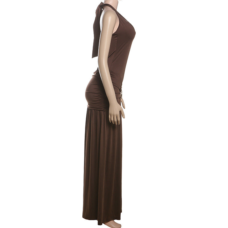Women Clothing Summer Sexy Halter Strap Backless Slim Fit Fold Split Dress