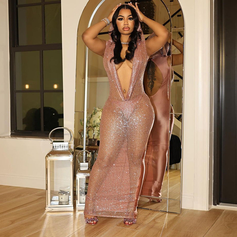 Sexy Deep V Plunge See through Sequined Maxi Dress Women Ragazza