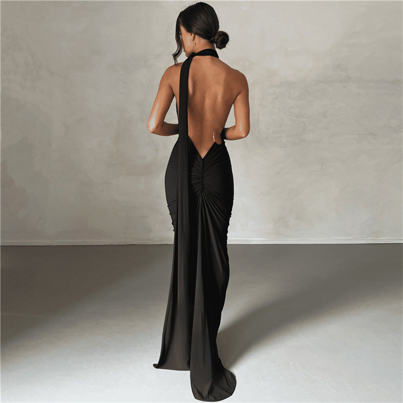 Halter Backless Ruched Bodycon Maxi Dress