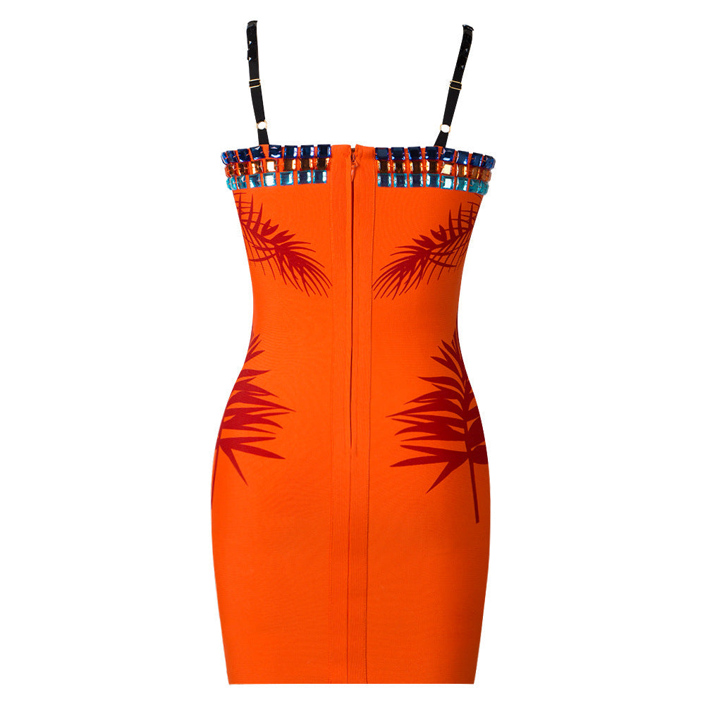 Star Sexy Heavy Industry Beads Printed Mesh V neck Strap Tube Top Backless Bandage One Piece Dress Ragazza
