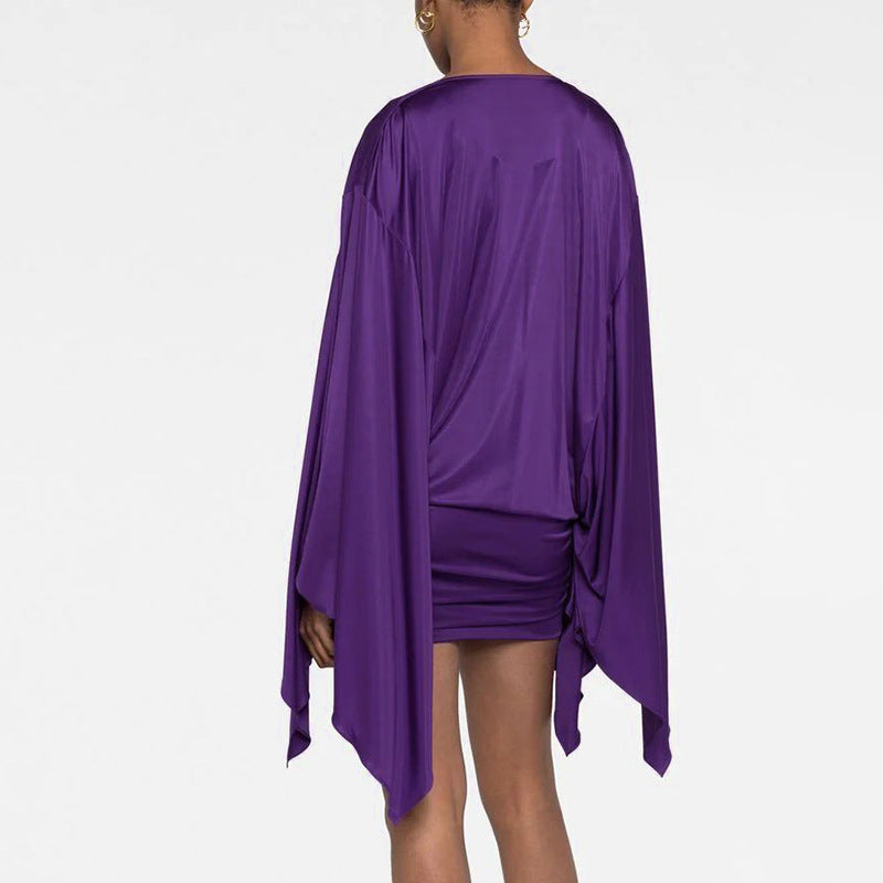 Women Clothing Autumn Solid Color Elegant Artificial Silk Swing Collar Swing Sleeve Sheath Dress