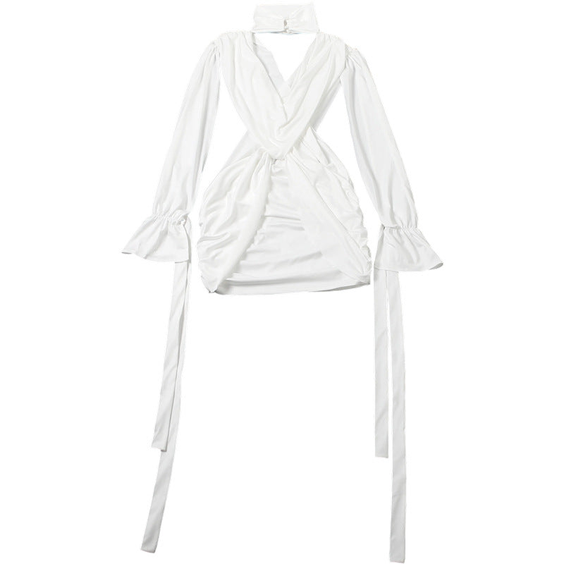 Autumn Winter Women Solid Color Sexy Hollow Out Cutout Long Sleeved Deep V Plunge neck Cross Stitching Hip Dress
