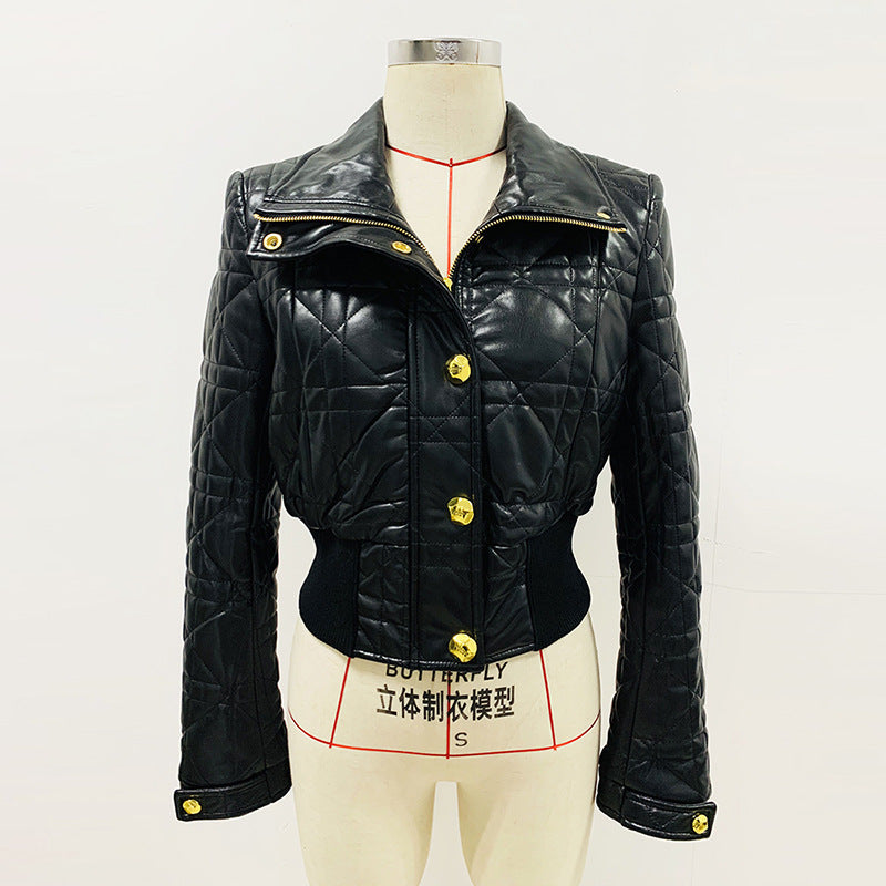 Goods Star Locomotive Slim Fit Waistline Plaid Short Leather Jacket Coat Wanita Store