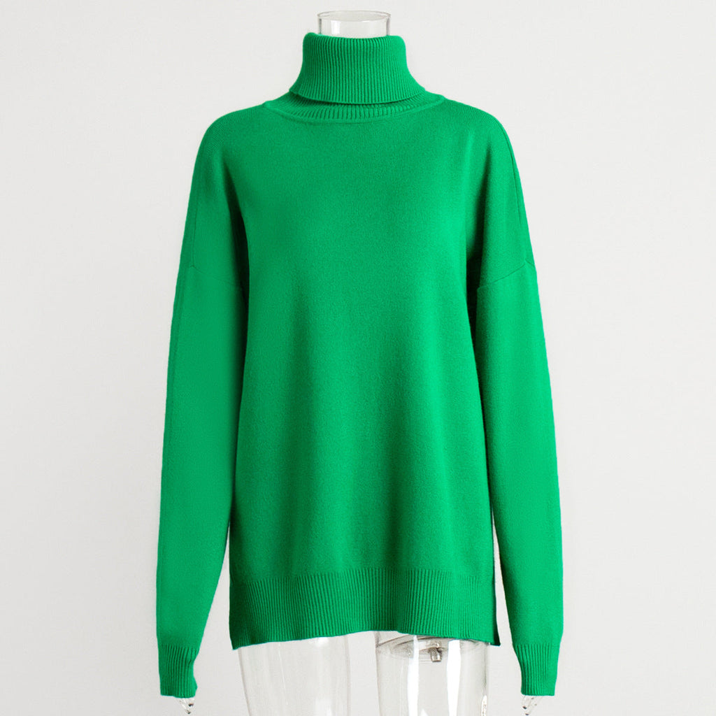 Turtleneck Slit Loose Solid Knit Sweater Bella Mia