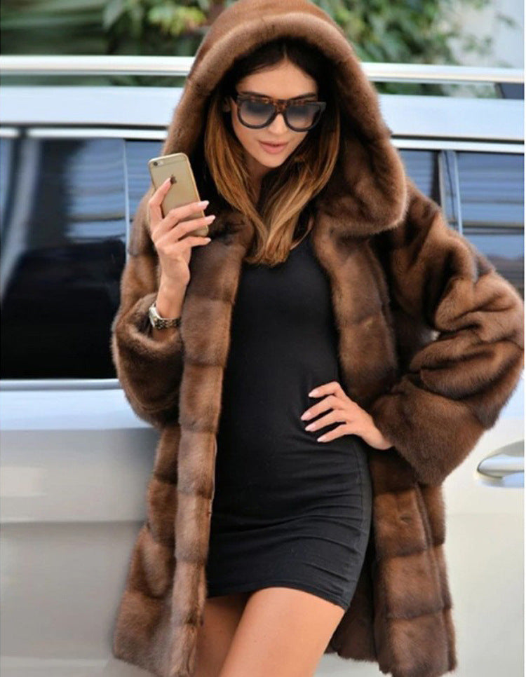 Women Artificial Mink Hair Fur Coat Mid Length Hooded Coat Fur plus Size Casual Warm