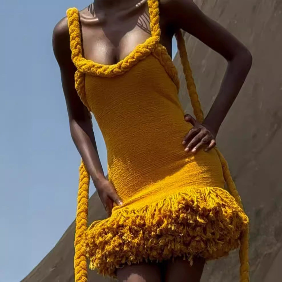 Sunflower Halter Fringe Tie Bodycon Mini Dress