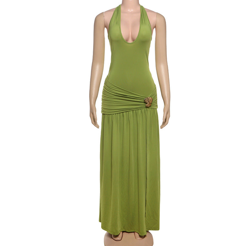 Women Clothing Summer Sexy Halter Strap Backless Slim Fit Fold Split Dress