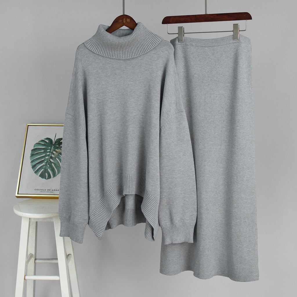 Turtleneck Loose Knit Sweater & Skirt Two-Piece Set Bella Mia