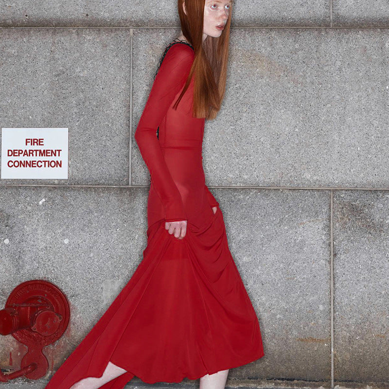 Lace-Up Long Sleeve Bodycon Maxi Dress