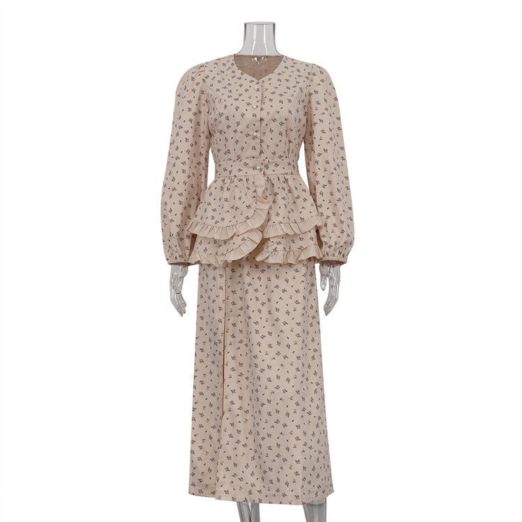 French Design Ruffled Waist Seal Printed V neck Puff Sleeve Elegant Split Dress Women Clothing Ragazza