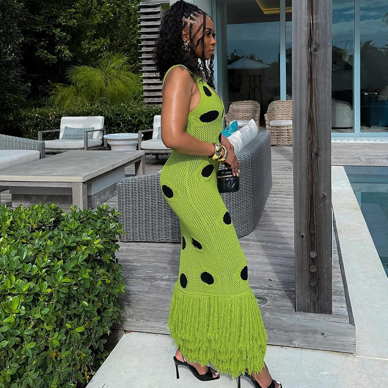 Autumn Sexy Hip Knitwear Dress Black Polka Dot Dress Swing Tassel Dress