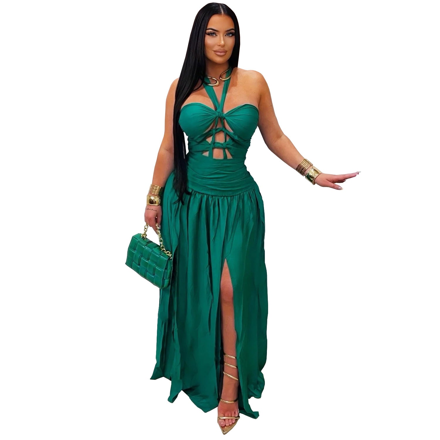 Popular Halter Cut out Lace up Party Evening Dress Satin Side Split Dress Ragazza
