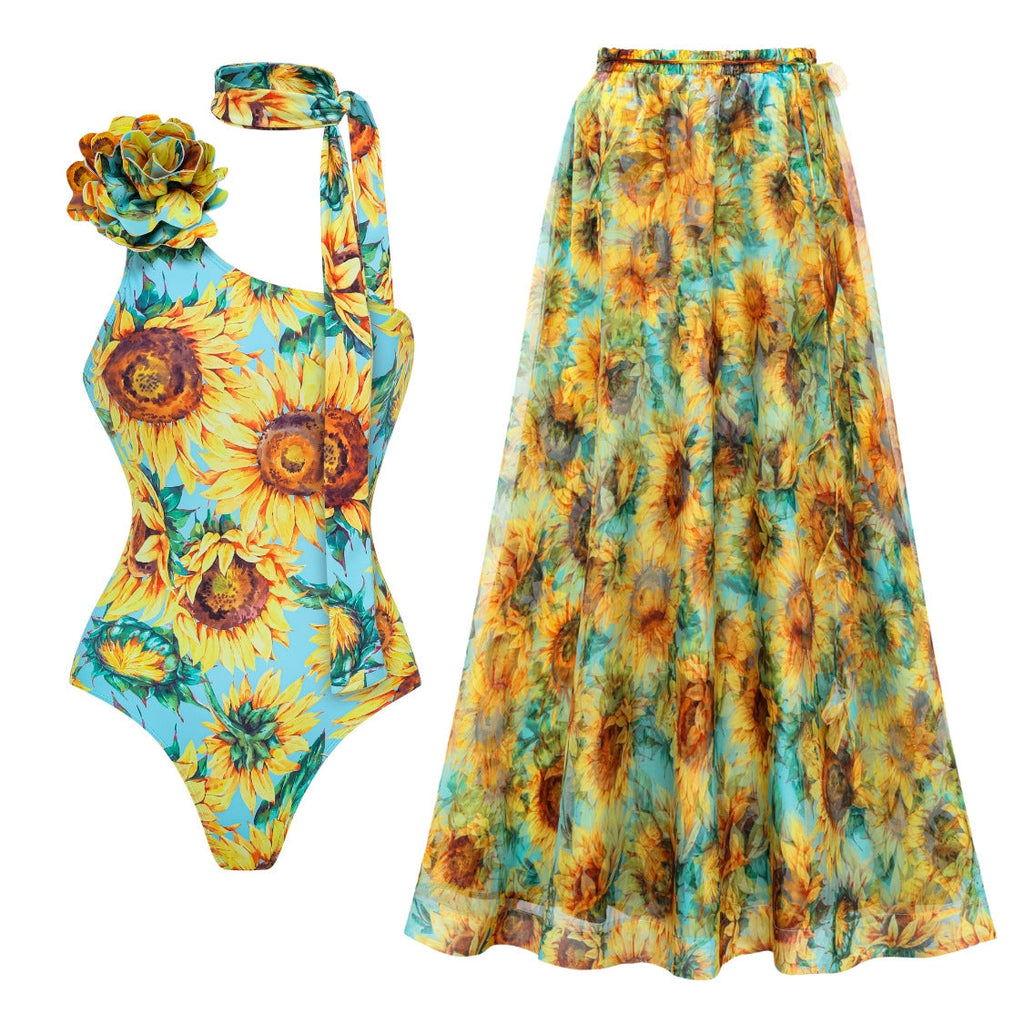 Sunflower Print Lace-Up One-Piece Swimsuit Set Bella Mia