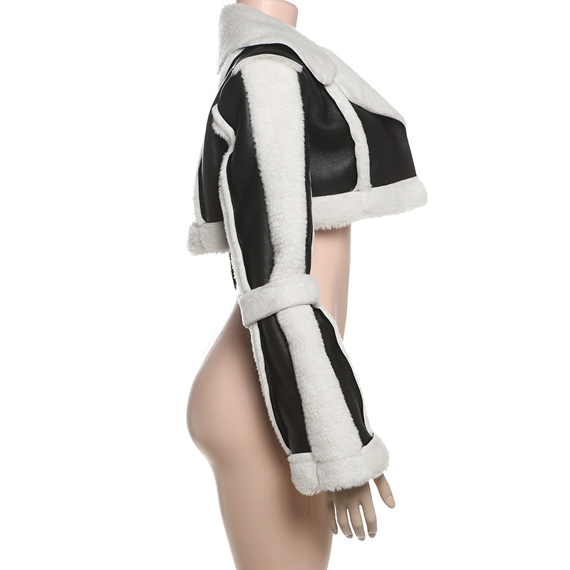 Faux-Leather Cropped Fur-Collar Jacket