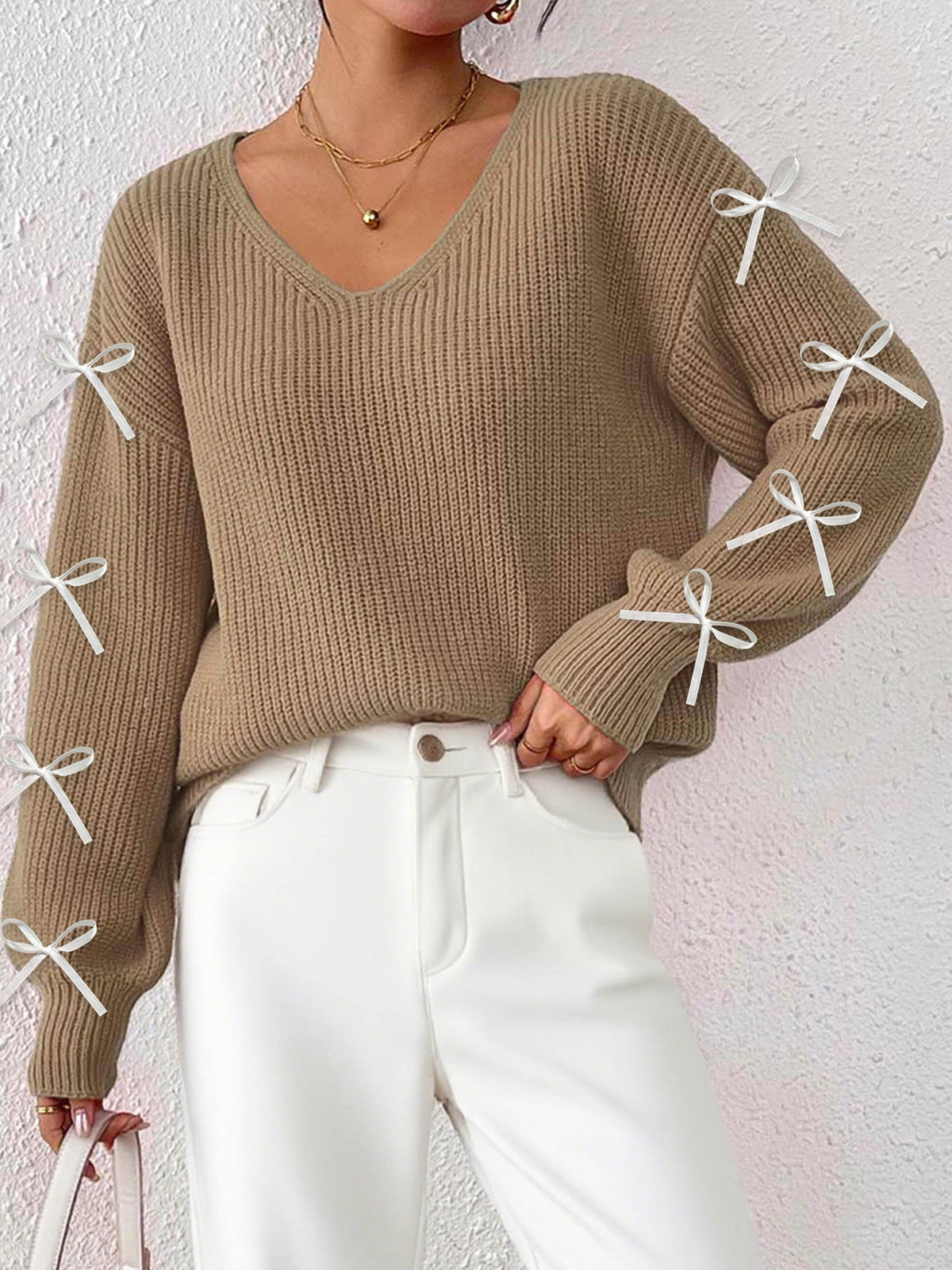 Women Autumn Winter Coat Women Clothing Ribbon Bow Decorative Woven Pullover Bella Mia