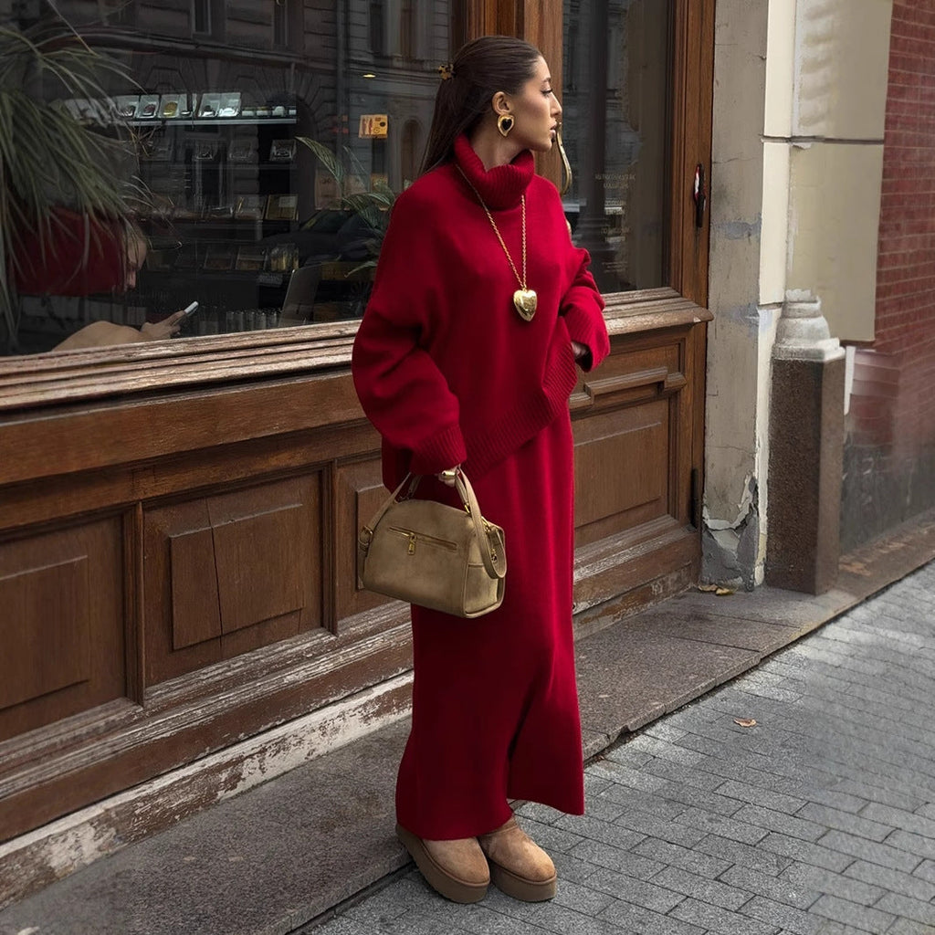 Turtleneck Loose Knit Sweater & Skirt Two-Piece Set Bella Mia