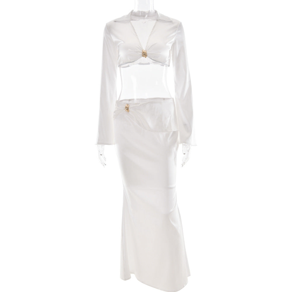 Satin Deep V Ring Detail Crop Top & Slim Maxi Skirt Set