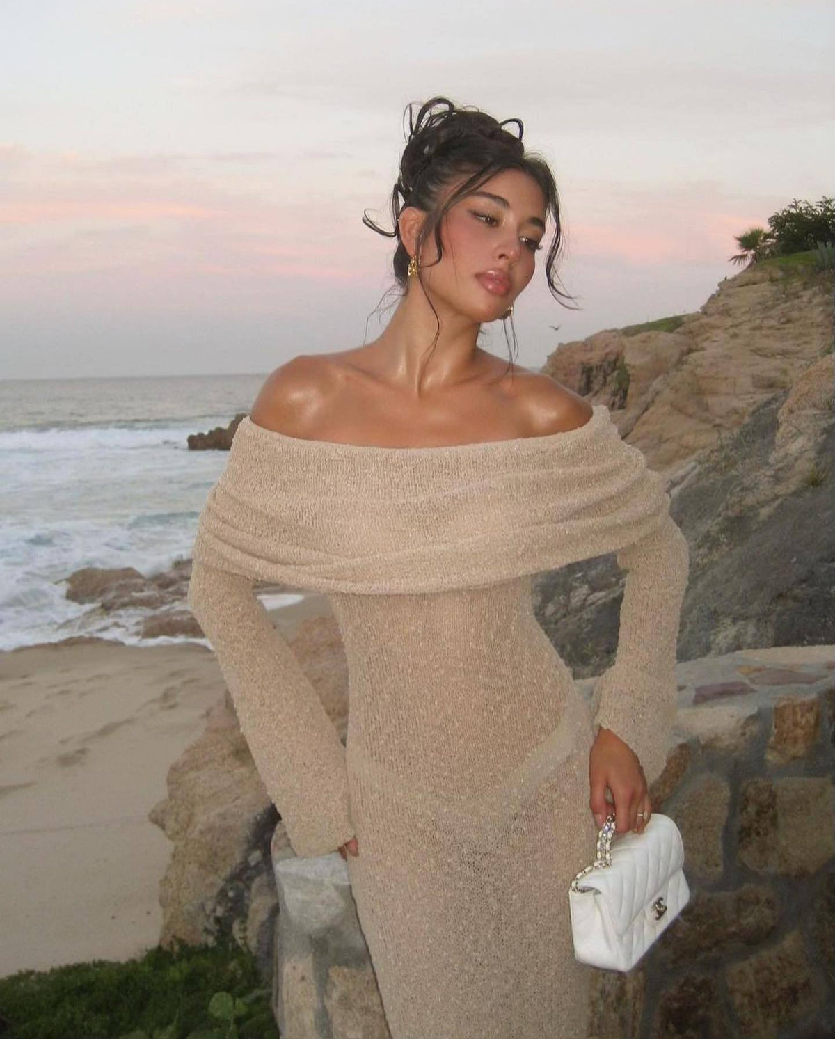 Beach Vacation Sexy Dress Knitted Hollow Out Cutout Out Off Neck Maxi Dress Blouse Summer Women's