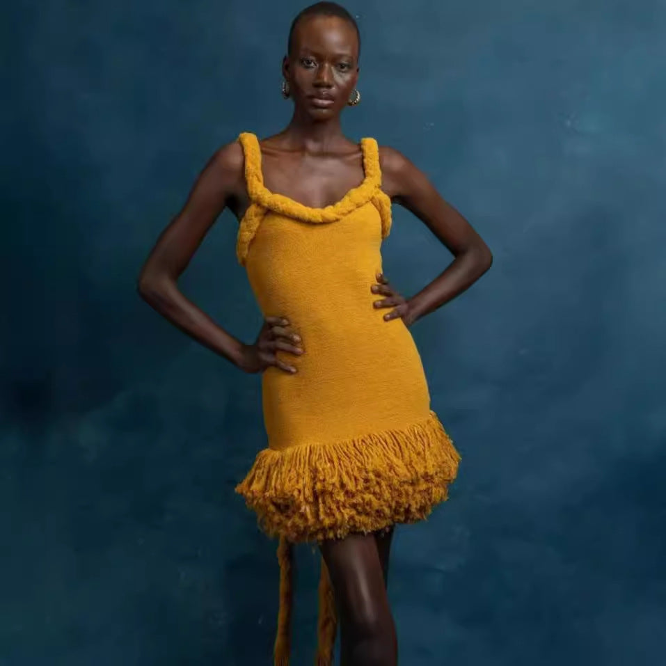 Sunflower Halter Fringe Tie Bodycon Mini Dress