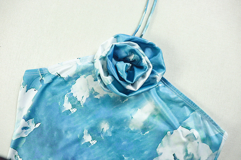 Fresh Women Clothing Elegant Backless Halter Hip Elegant Blue White Abstract Printing Maxi Dress