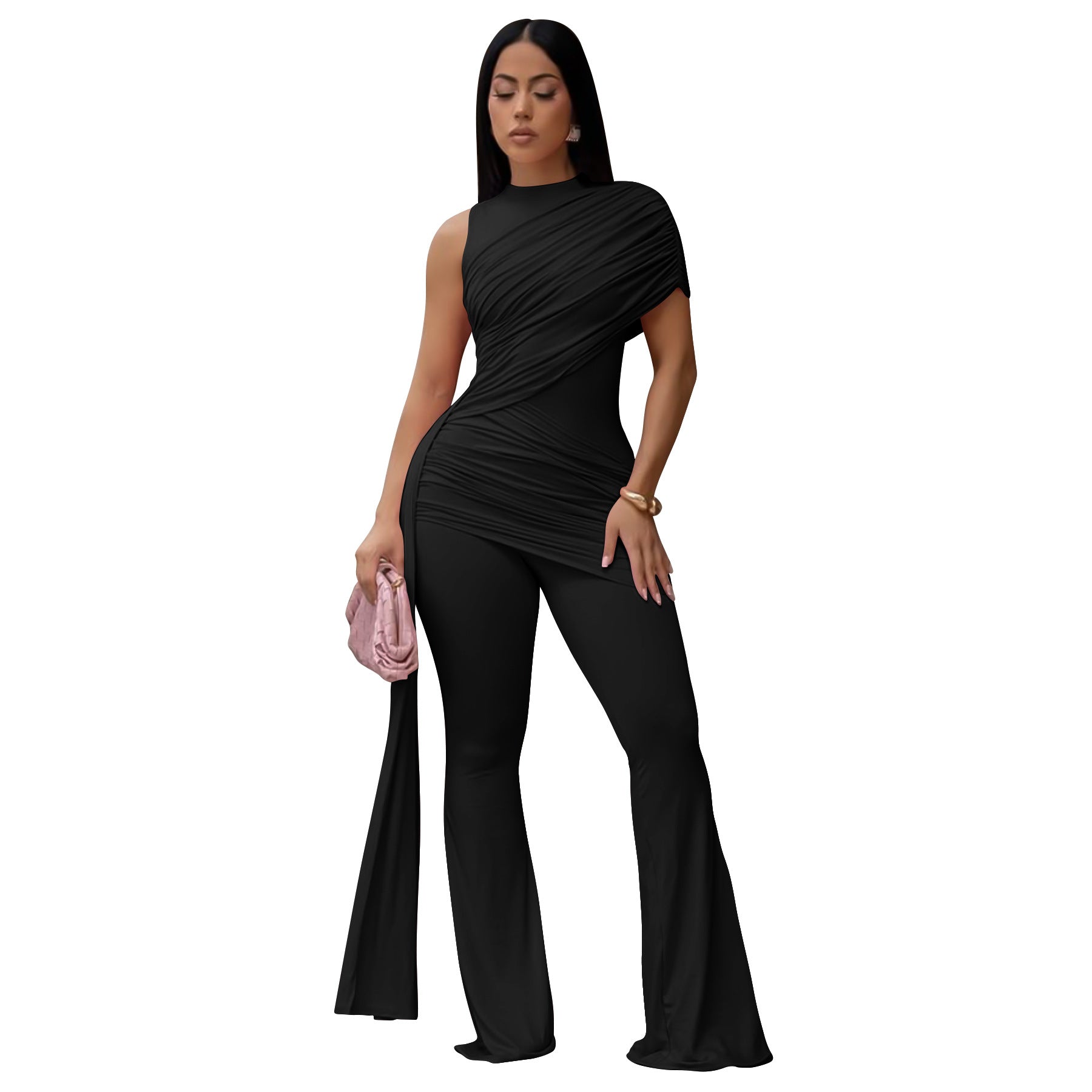 Women Clothing Summer round Neck One Shoulder Pleated Ribbon Sexy Slim Fit Wanita Store