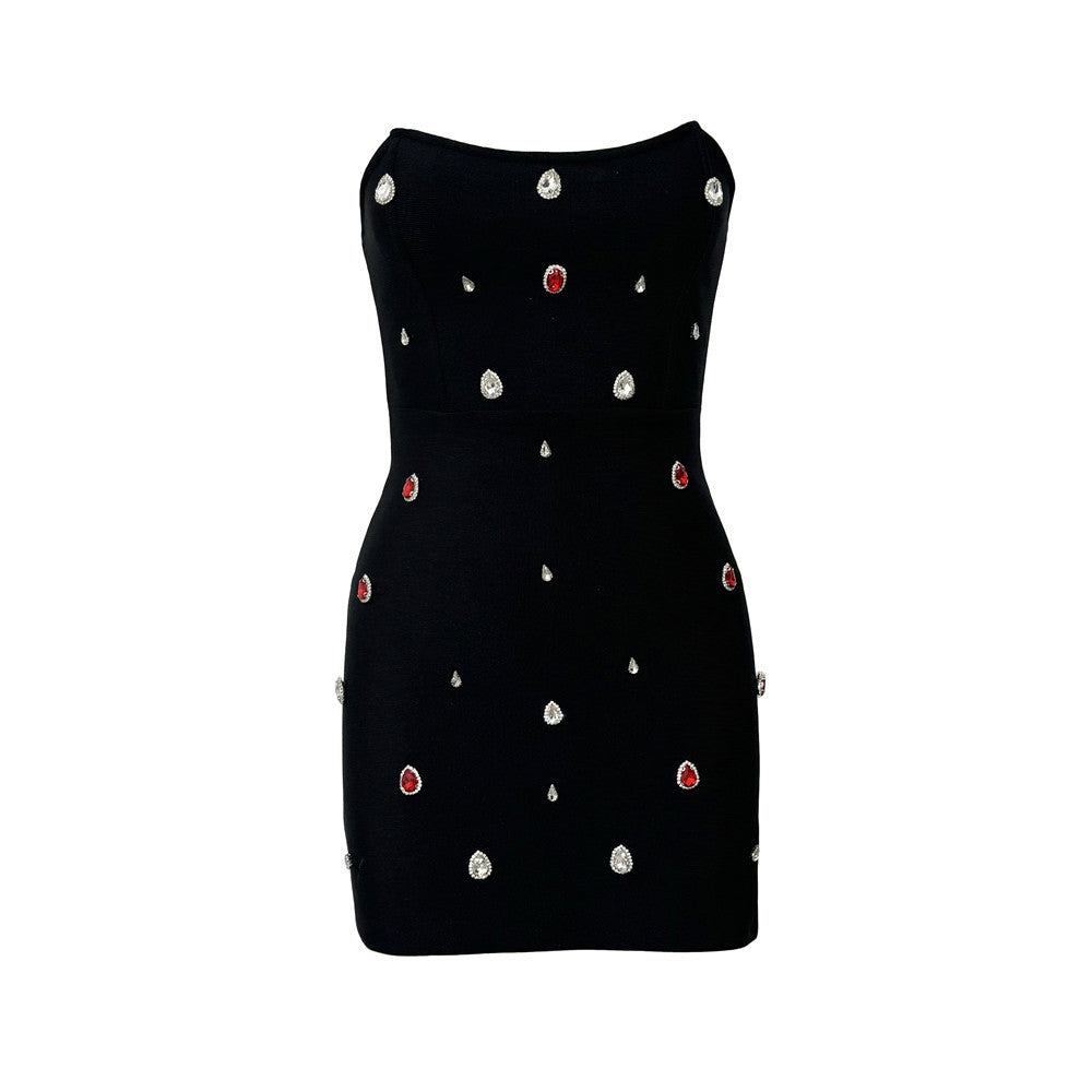 Black Rhinestone Strapless Bandage Bodycon Mini Dress