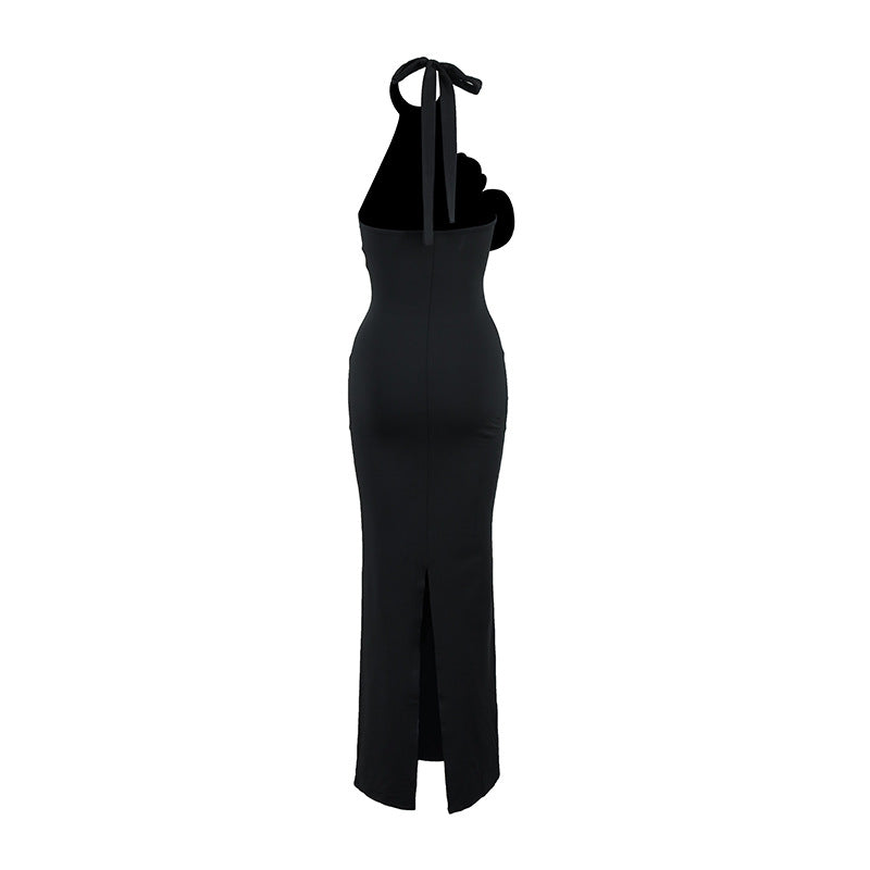 Three-Dimensional Floral Halter Backless Dress