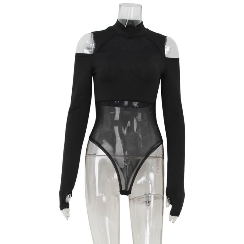 Black Stand Collar Mesh Cutout Long Sleeve Bodysuit