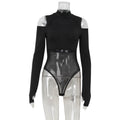 Black Stand Collar Mesh Cutout Long Sleeve Bodysuit