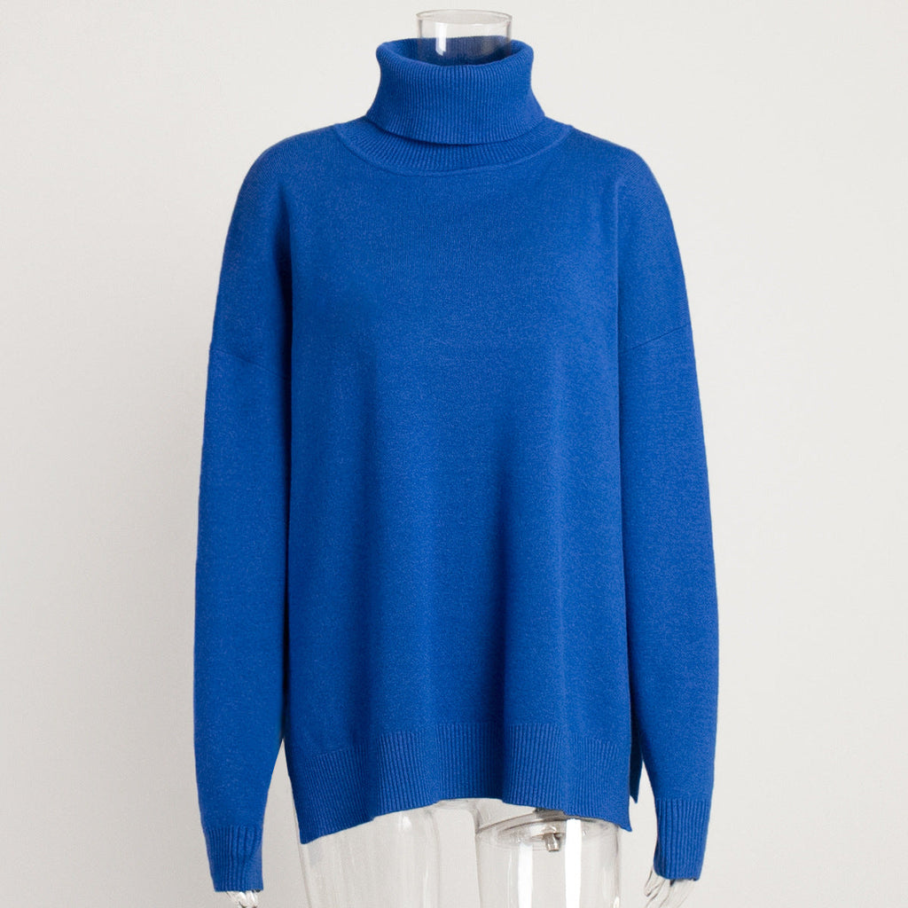 Turtleneck Slit Loose Solid Knit Sweater Bella Mia
