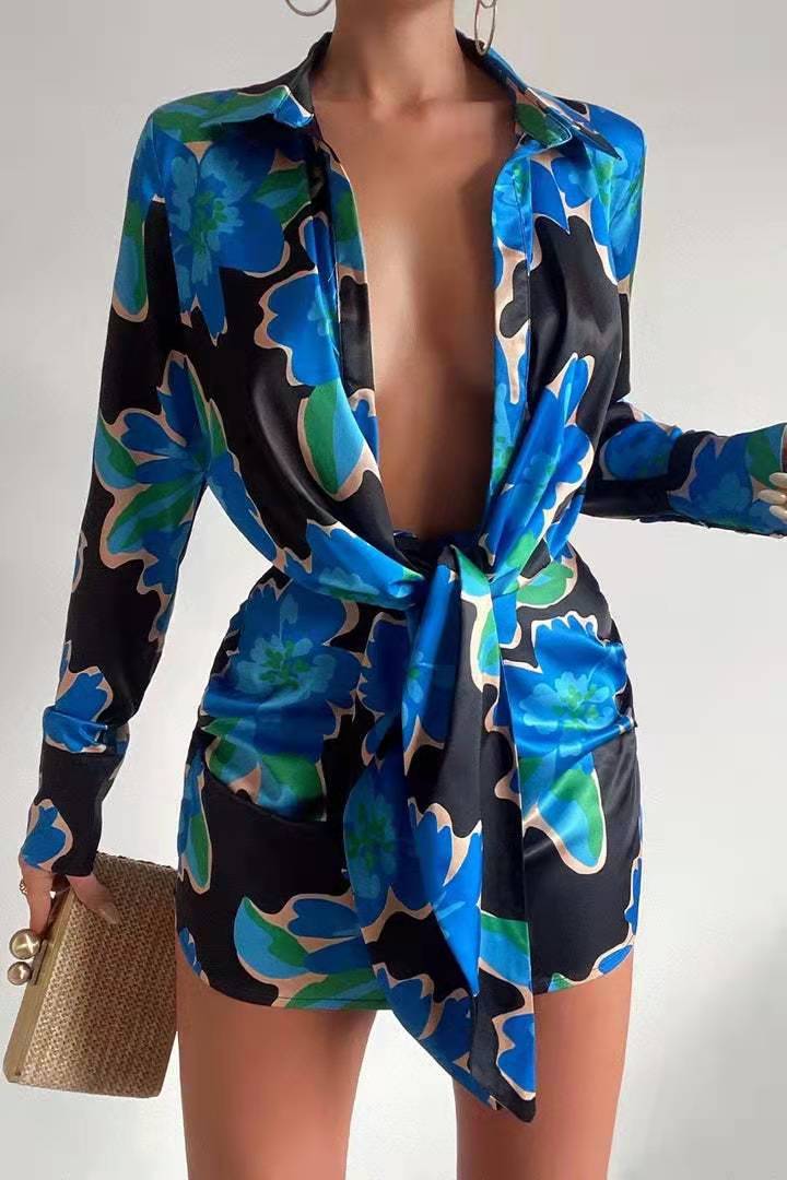 Green Floral Print Collared Long Sleeve Shirt Dress
