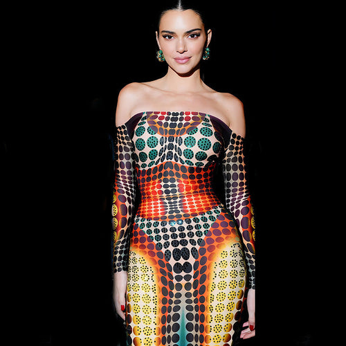 Abstract Print Off-Shoulder Long Sleeve Bodycon Maxi Dress