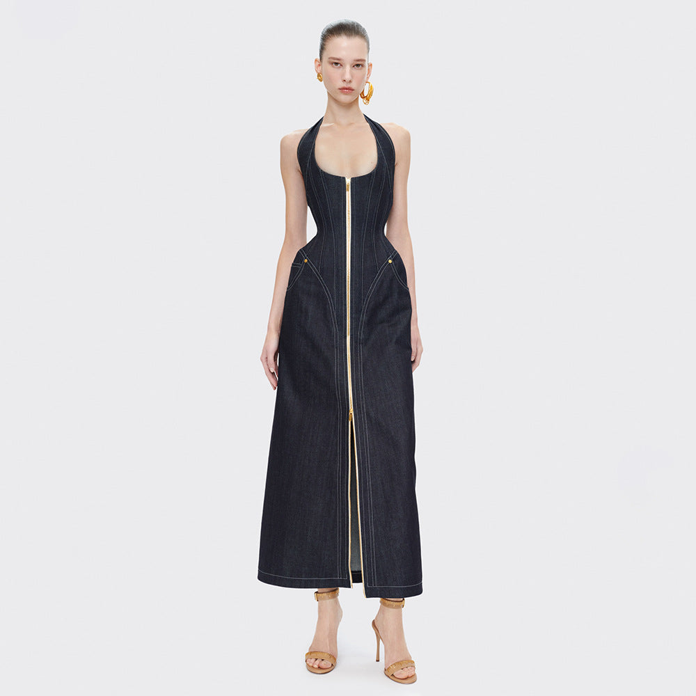 Denim Halter Sleeveless Backless Slim Sheath Dress Bella Mia