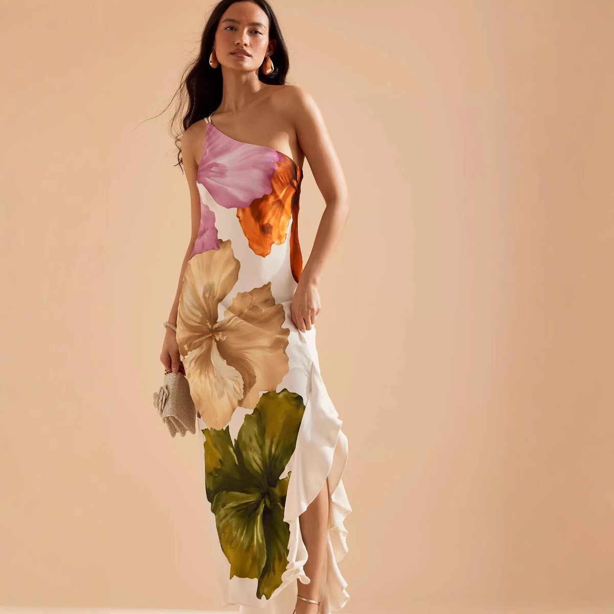 Spring Summer Oblique Shoulder Positioning Printing Dress Casual Vacation Loose Dress Ragazza