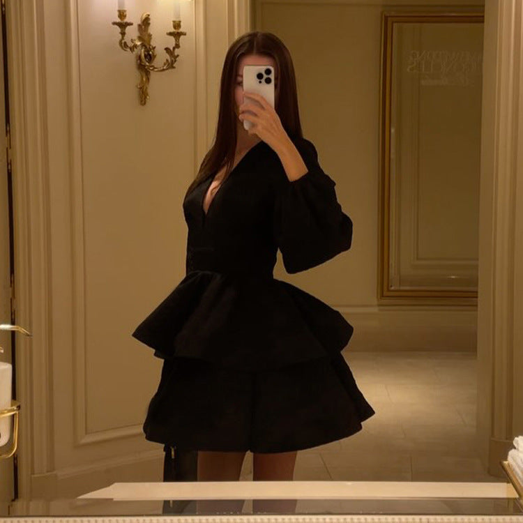 Women Clothing Spring Autumn Puff Sleeve A line Dress V neck Waist-Controlled Black Pettiskirt