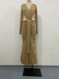 Khaki V-Neck Backless Cutout Ruched Split Maxi Dress
