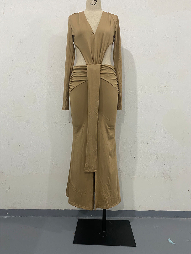 Khaki V-Neck Backless Cutout Ruched Split Maxi Dress
