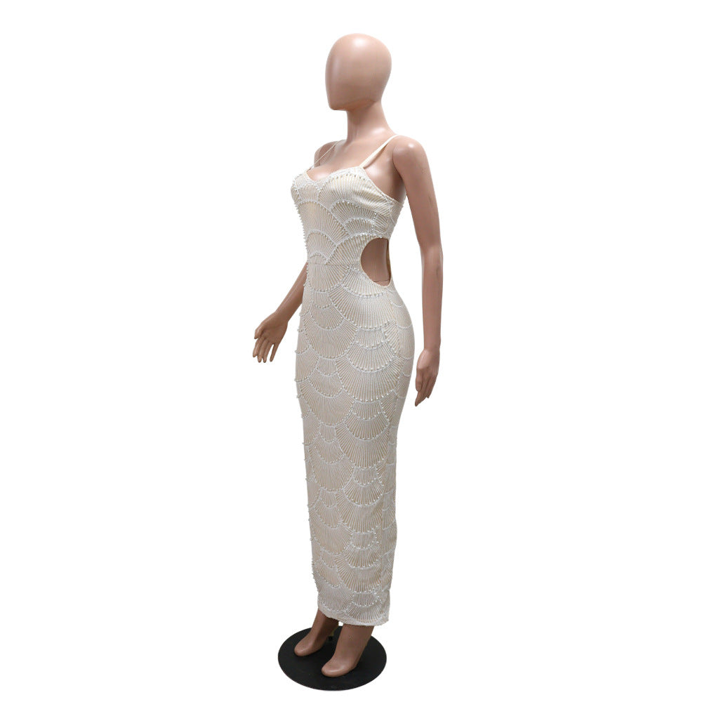 Sequin Bead Sling Long Dinner Dress Ladies Party Split Dress