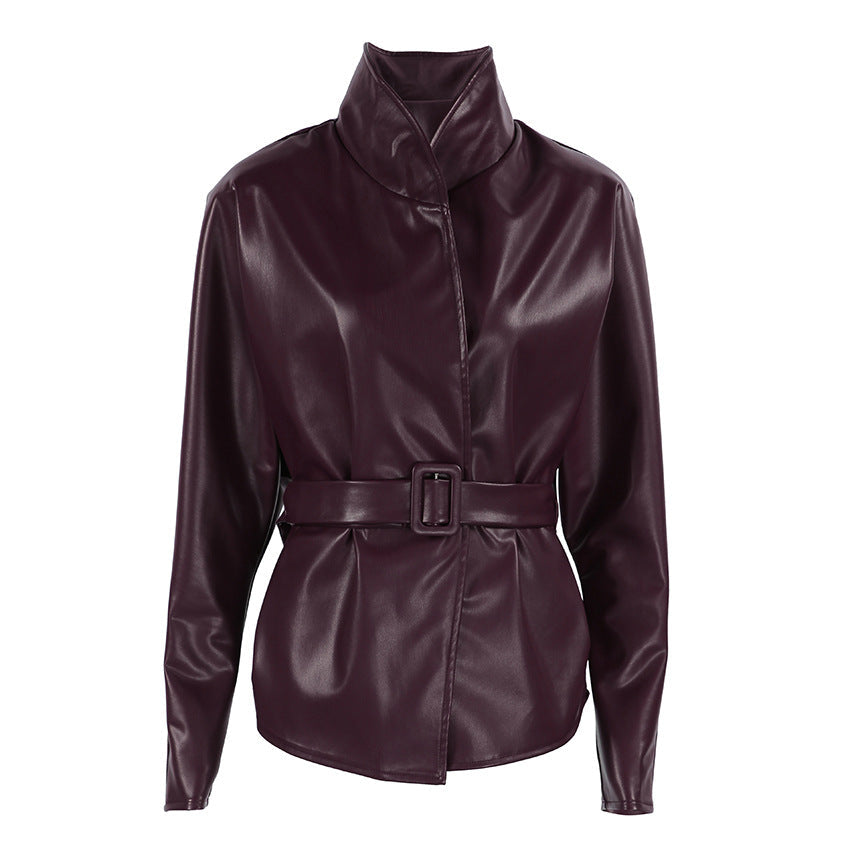 Retro Stand Collar Belted Waist-Tight Leather Jacket Bella Mia