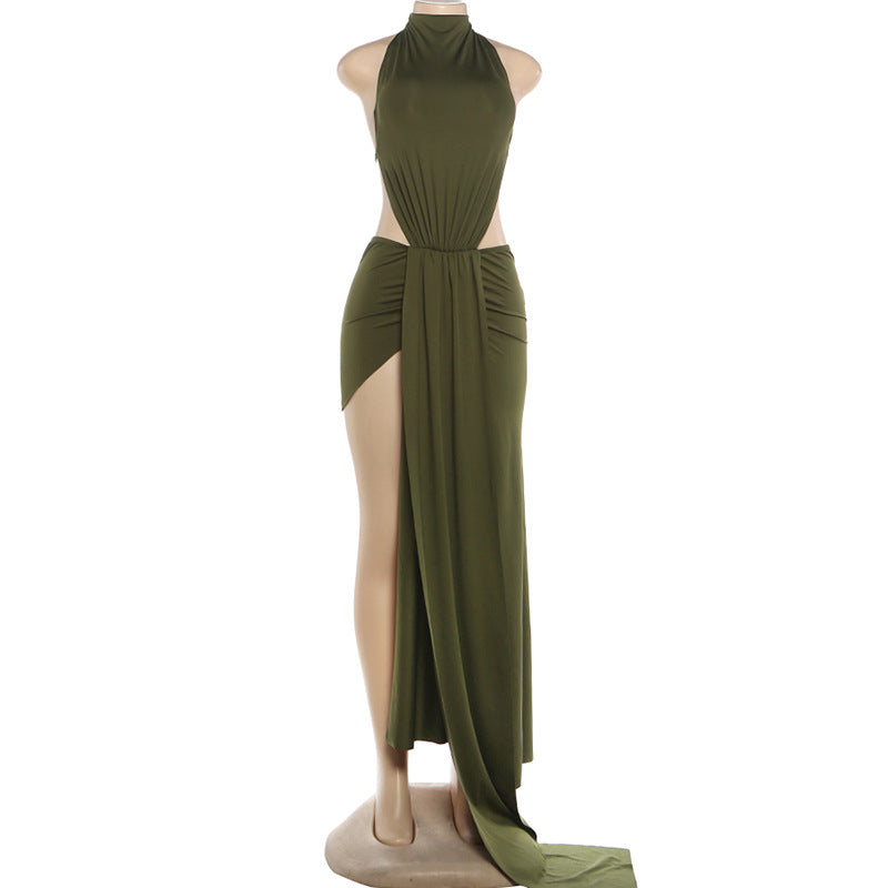 Spring Women Clothing Halter Lace up Solid Color Sexy Backless Sheath Dress