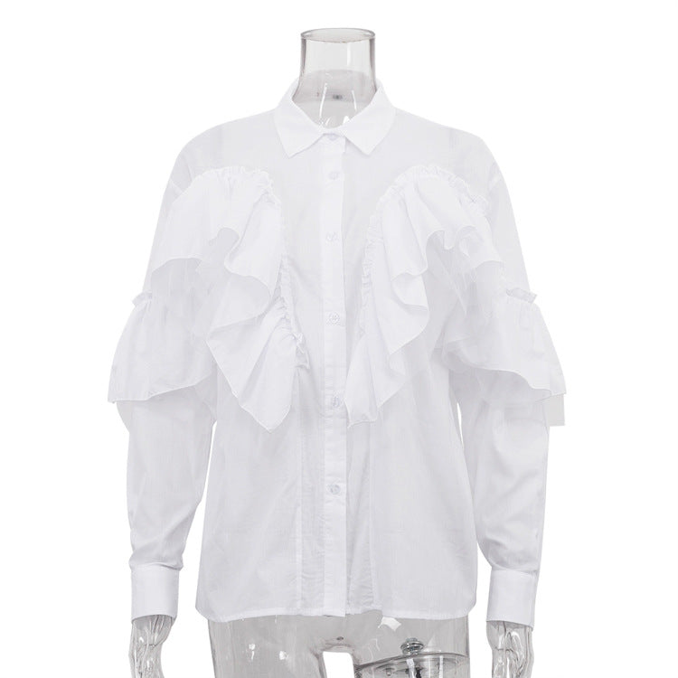 French Ruffle Polo Collar Long Sleeve Office Shirt Bella Mia