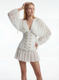 Cinched-Waist V-Neck Long Sleeve A-Line Dress