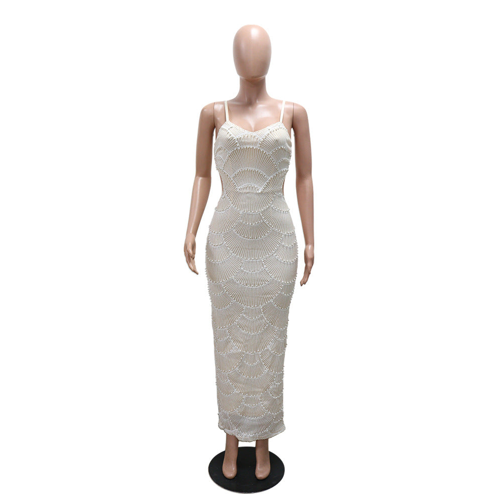 Sequin Bead Sling Long Dinner Dress Ladies Party Split Dress