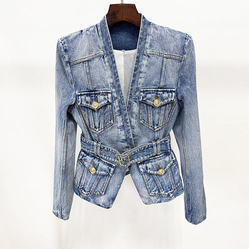 Belted Washed Denim Jacket Wanita Store