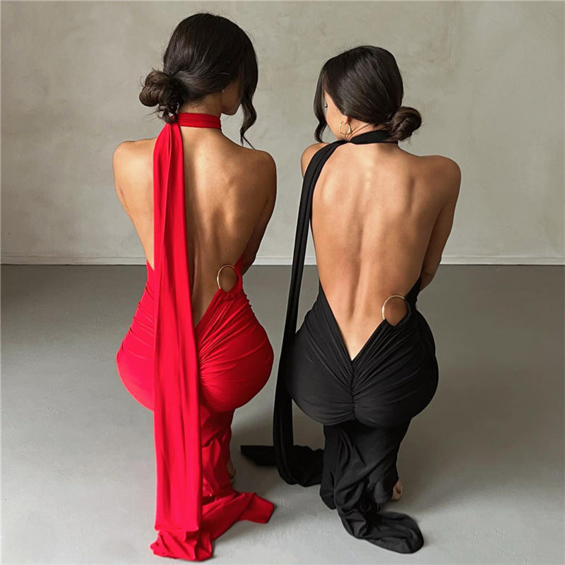 Halter Backless Ruched Bodycon Maxi Dress