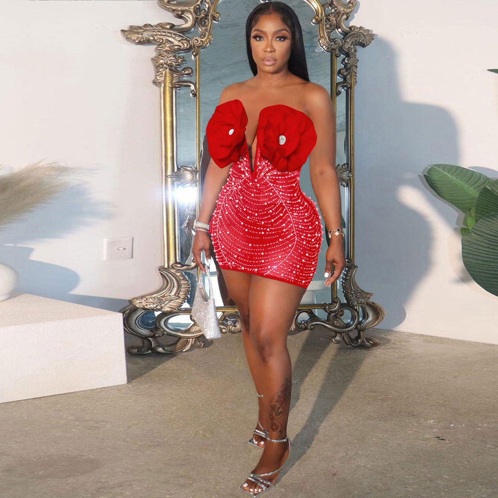 Red Rhinestone Pearl Floral Deep V Bodycon Mini Dress