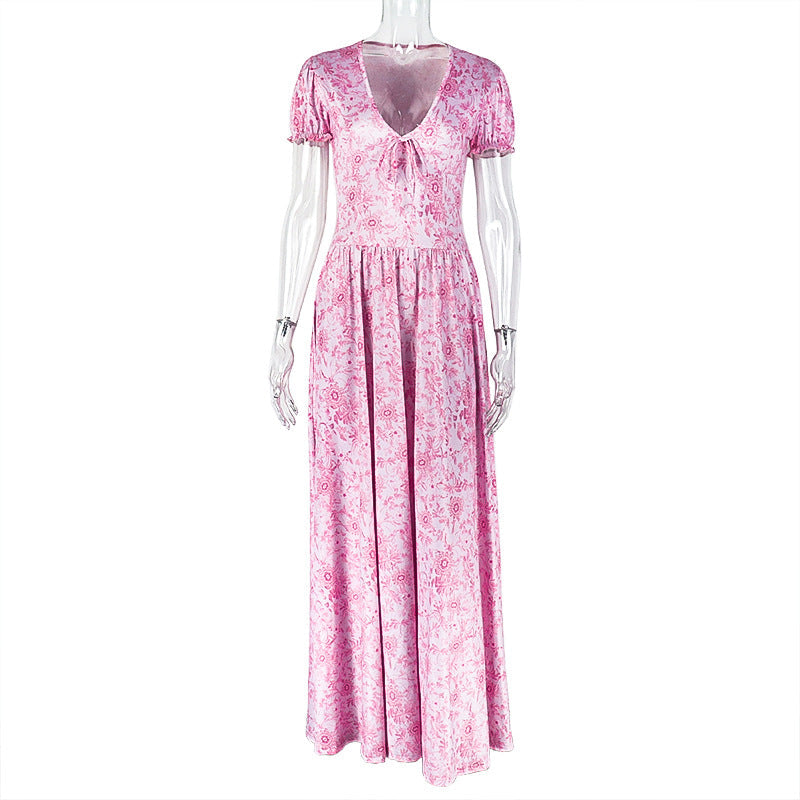 Printed V-Neck Bubble Sleeve Pleated A-Line Dress Bella Mia