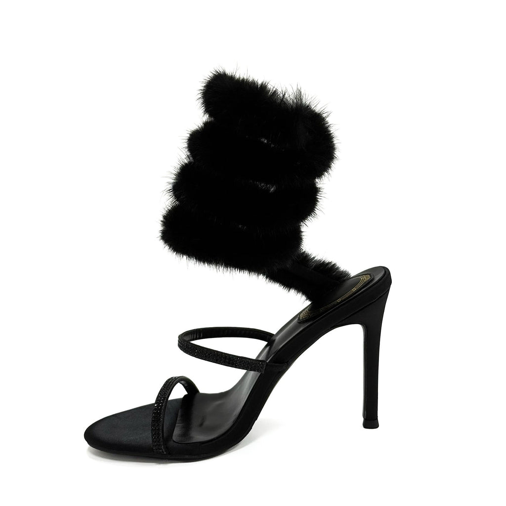 Black White 10cm Stiletto Heel Small round Toe Furry Winding High Heel Sandals Summer Heels